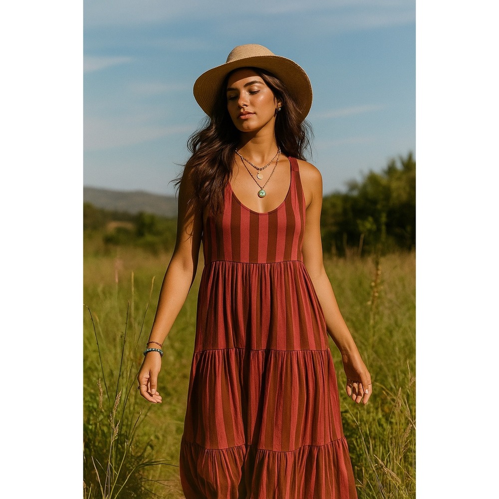 Womens Maxi Size Medium Striped Casual Dress-pink Brown Prairie Boho Cottagecore